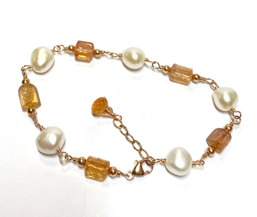 Imperial Topaz, Pearl and Rose Gold Wire Wrapped Bracelet