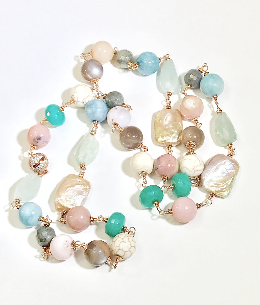 Multi-color Gemstone Pearl Necklace Wire Wrapped Rose Gold