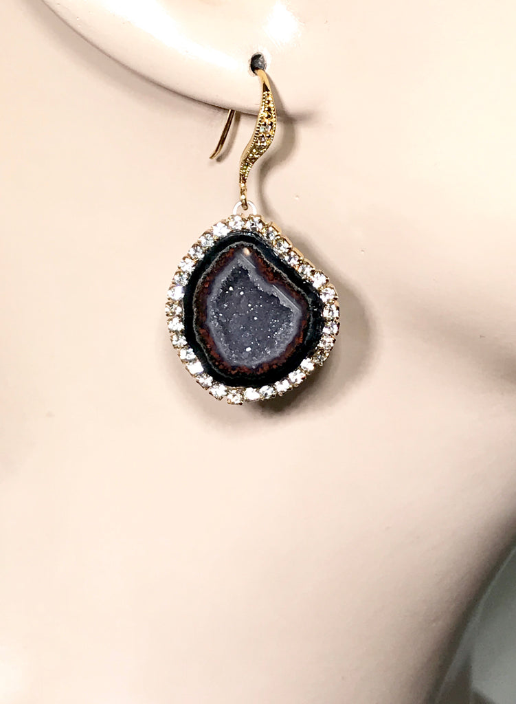 Black Tabasco Geode Earrings with Diamond Look Swarovski Crystals - doolittlejewelry