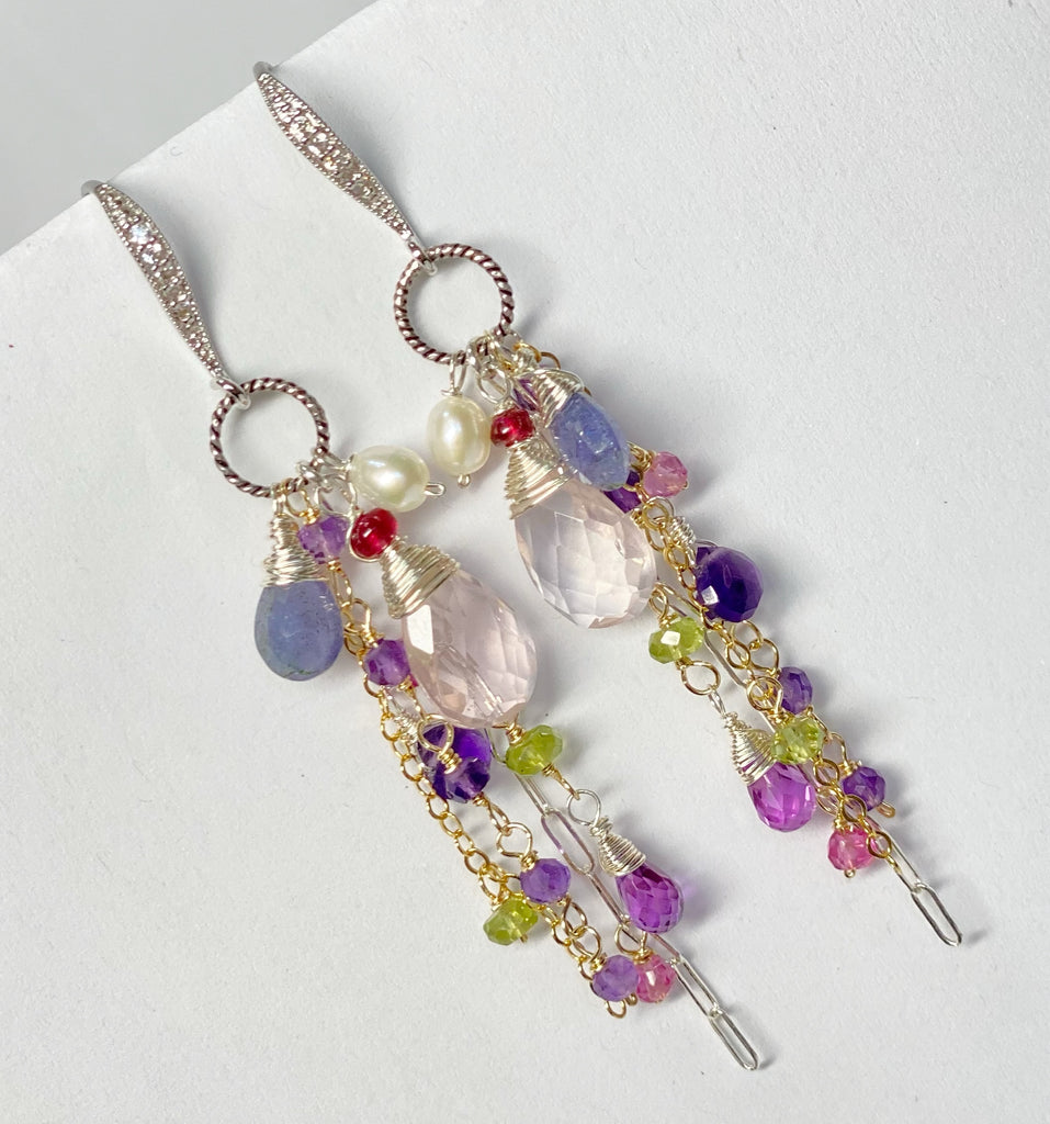 rose quartz multi Gem dangle earrings tanzanite, violet, sterling silver