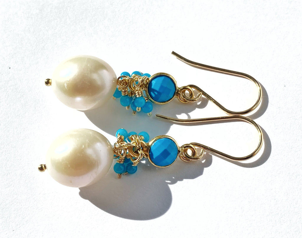 Pearl, Turquoise Gemstone Cluster and Dangle Earrings