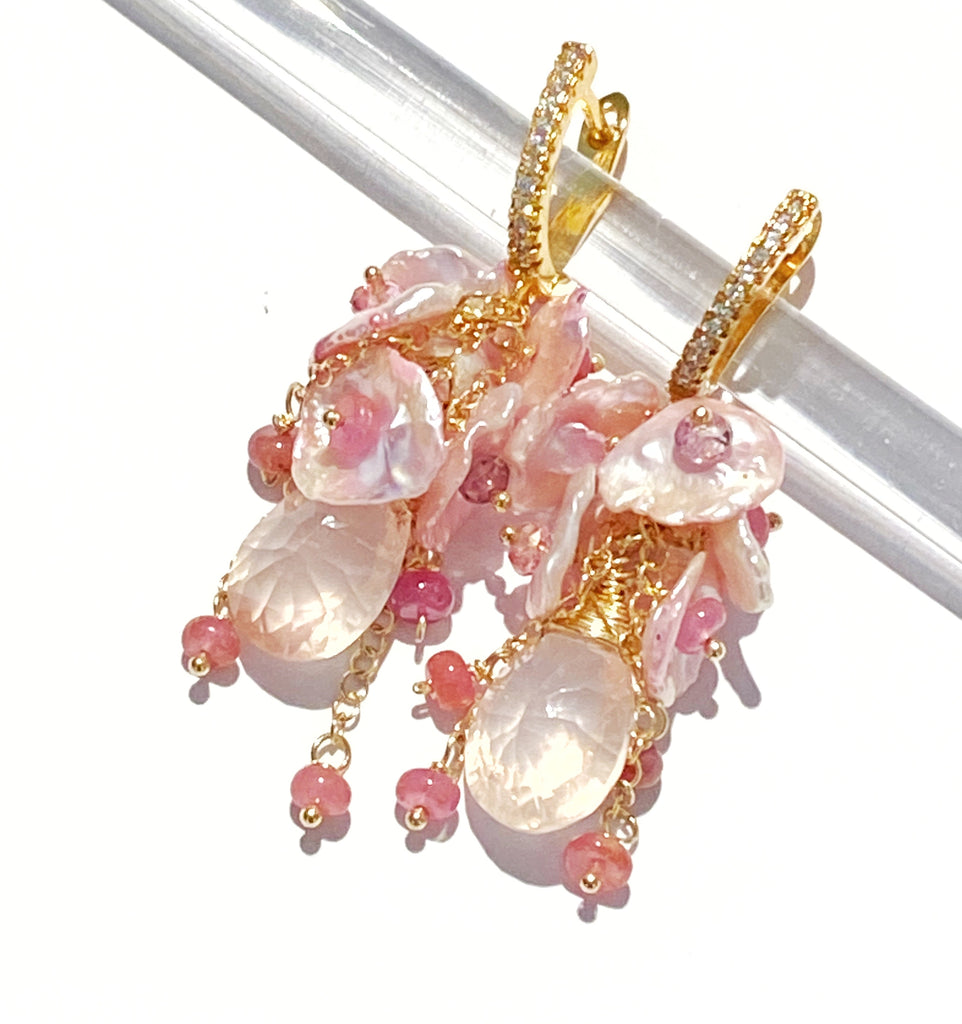 Rose Quartz Pink Keishi Pearl Cluster Wedding Earrings