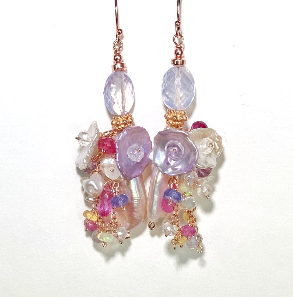 Blush Biwa Pearl Rose Gold Earrings with Scorolite & Lavender Keishi Gemstones