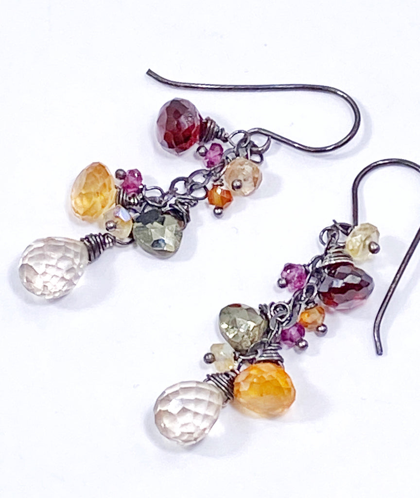 Garnet Oxidized Silver Multicolor Gem Dangle Earrings