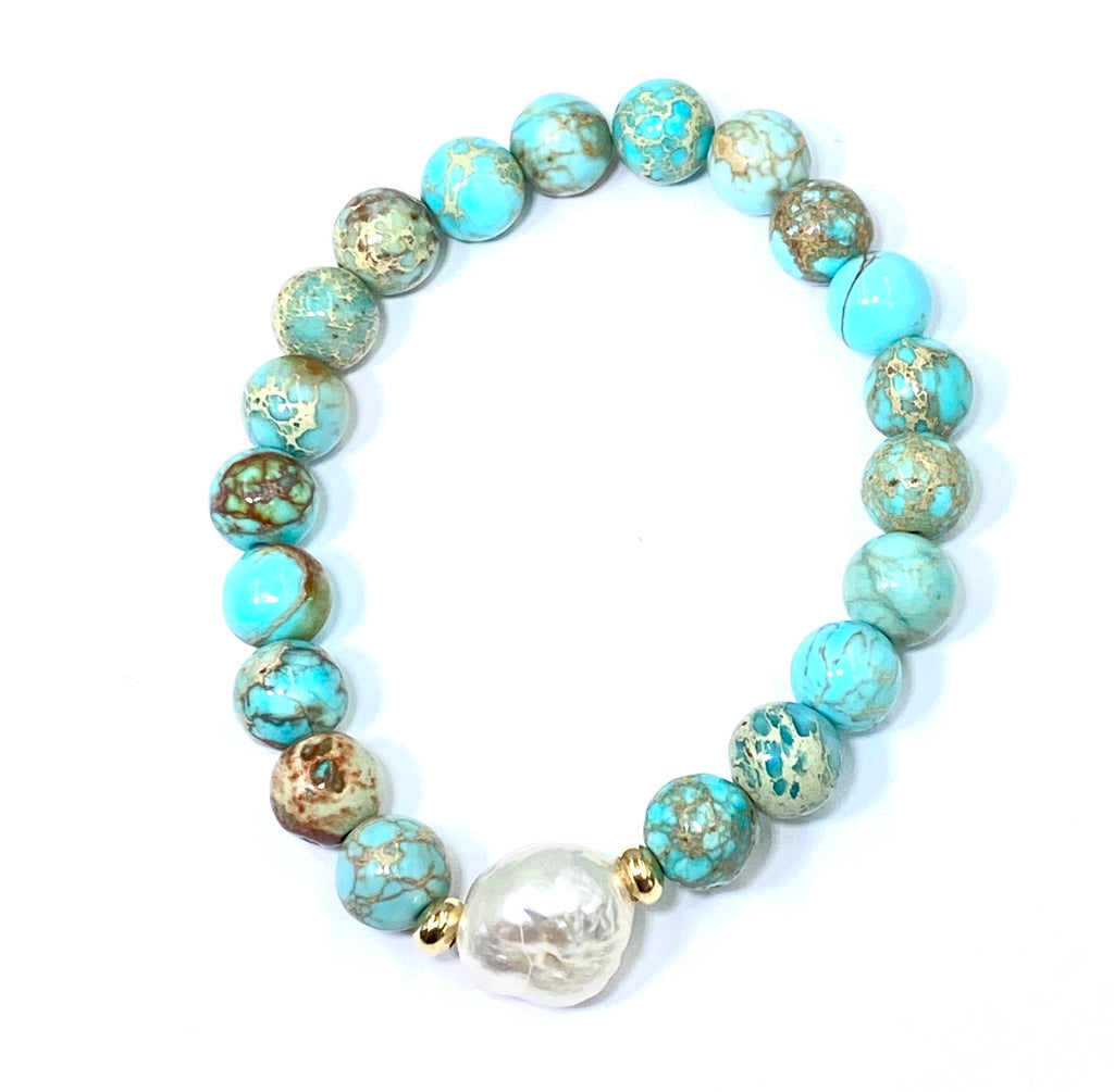 Turquoise, Imperial Jasper, Blue Chalcedony Stretch Stack Bracelet Set of 3 - doolittlejewelry