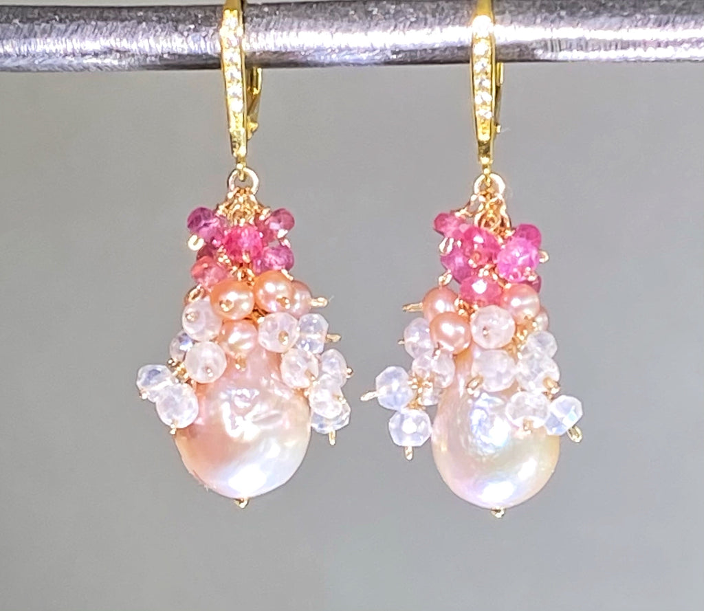 Blush Baroque Pearl Earring Pink Sapphire Gem Cascade Wedding Earrings