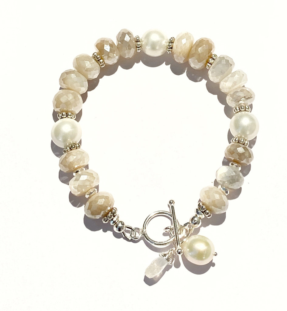 Mystic Moonstone, Pearl and Sterling Silver Layering Bracelet