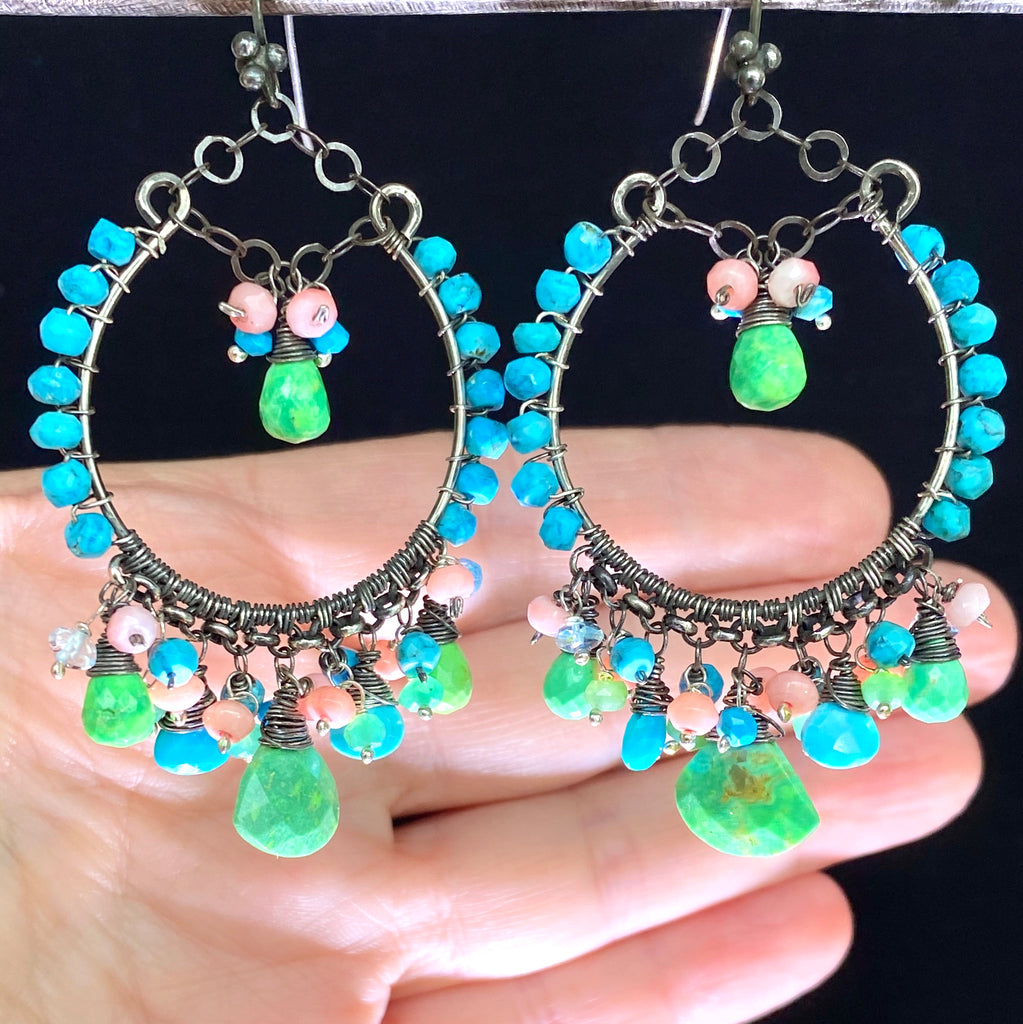 Turquoise Green, Coral  and Oxidized Silver Earrings - doolittlejewelry