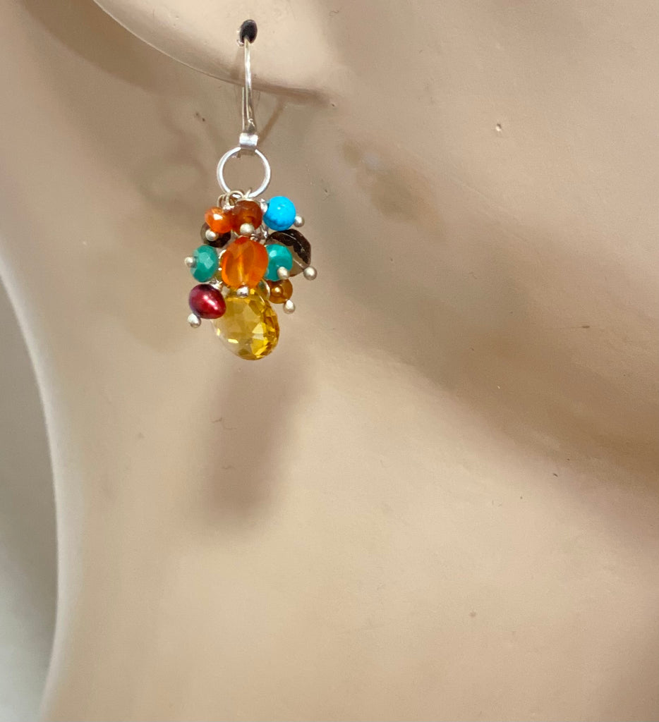 Citrine Earrings with Multi-color Gemstone Clusters Sterling Silver