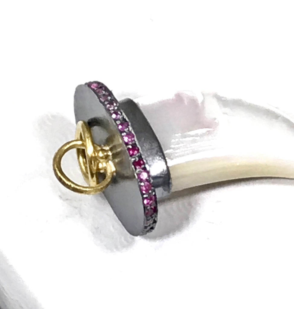 Mother of Pearl Horn Charm Pave Pink Sapphire 22k Gold Oxidized Silver