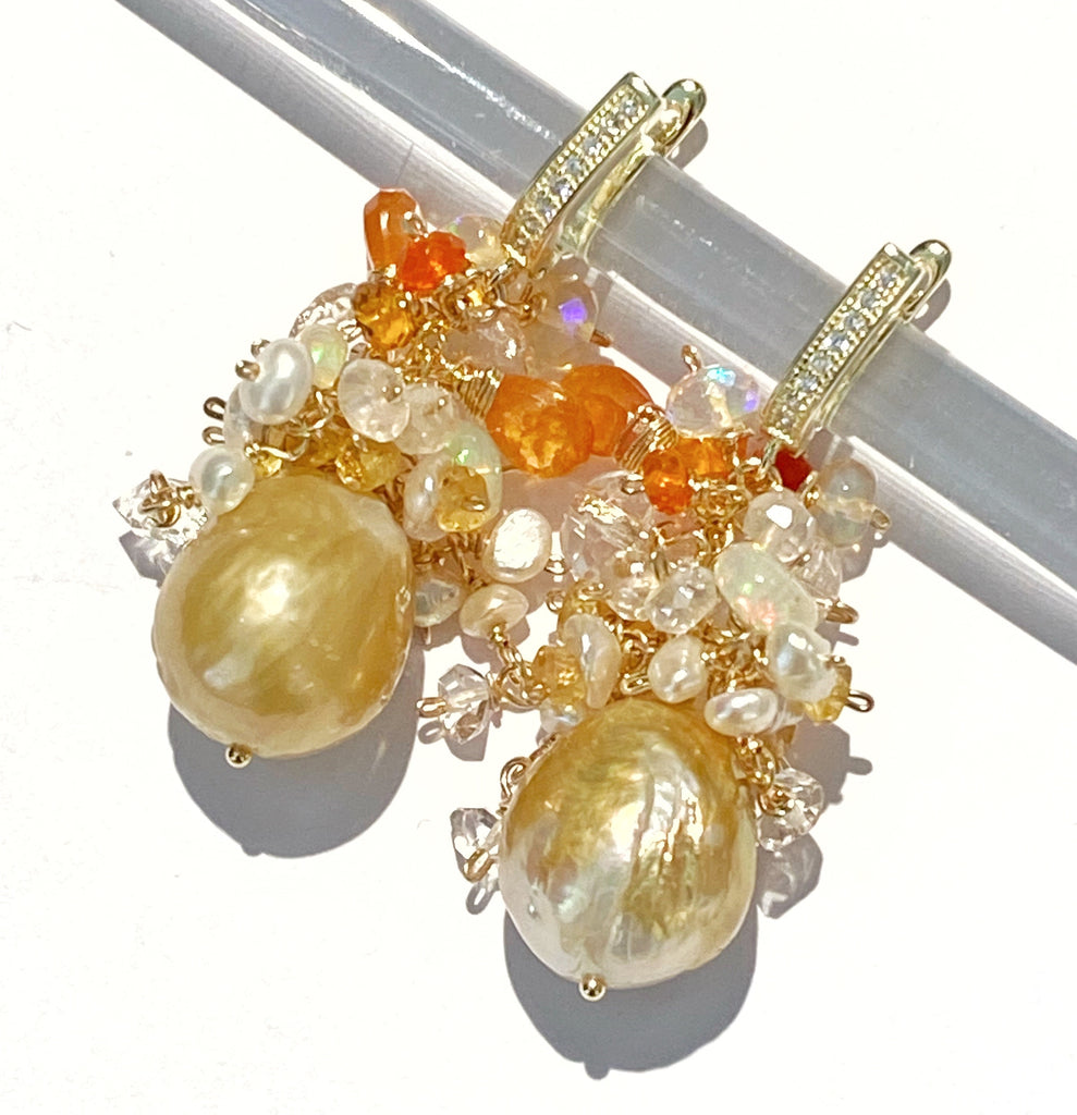 Pond-slime Baroque Pearl and Gemstone Cluster Earring