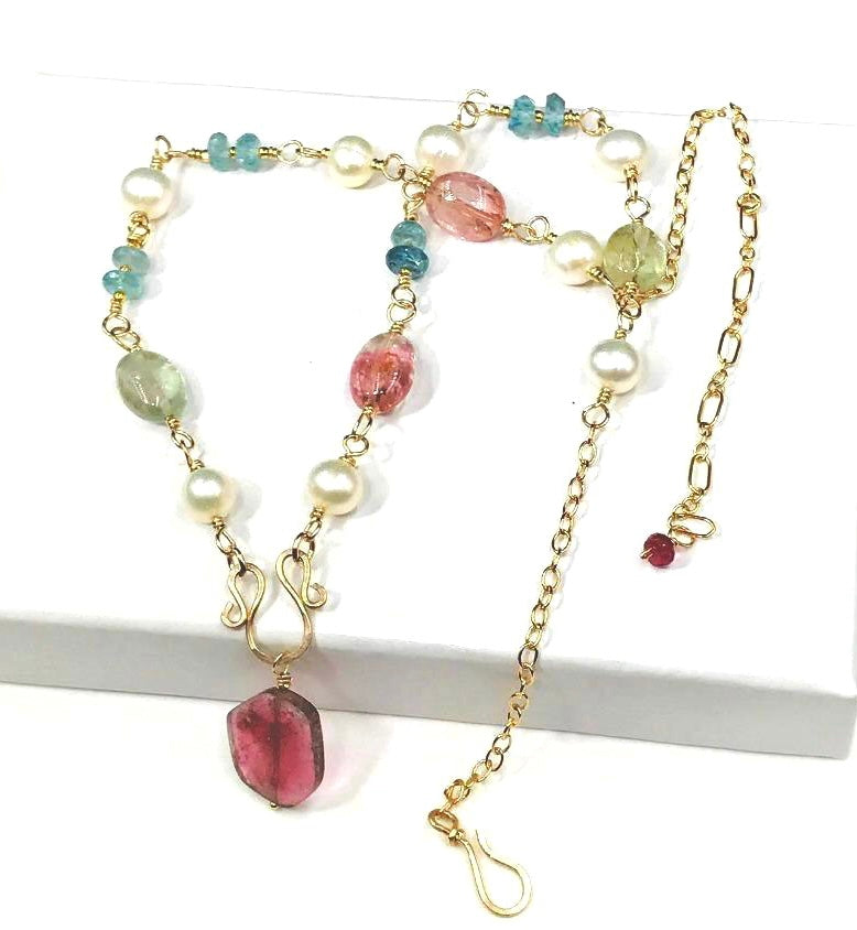 Pink Watermelon Tourmaline and Pearl Gold Fill Necklace - doolittlejewelry