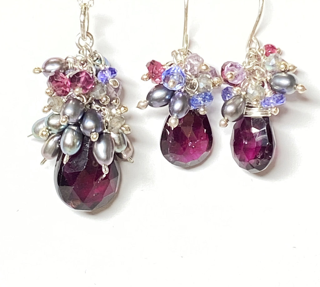 Rhodolite Garnet Gemstone Pearl Cluster Jewelry Set Necklace Earrings