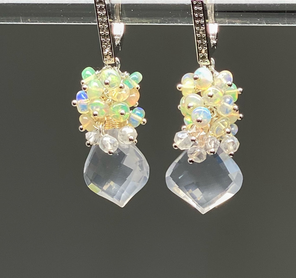 Opal Cluster Crystal Quartz Leverback Earrings