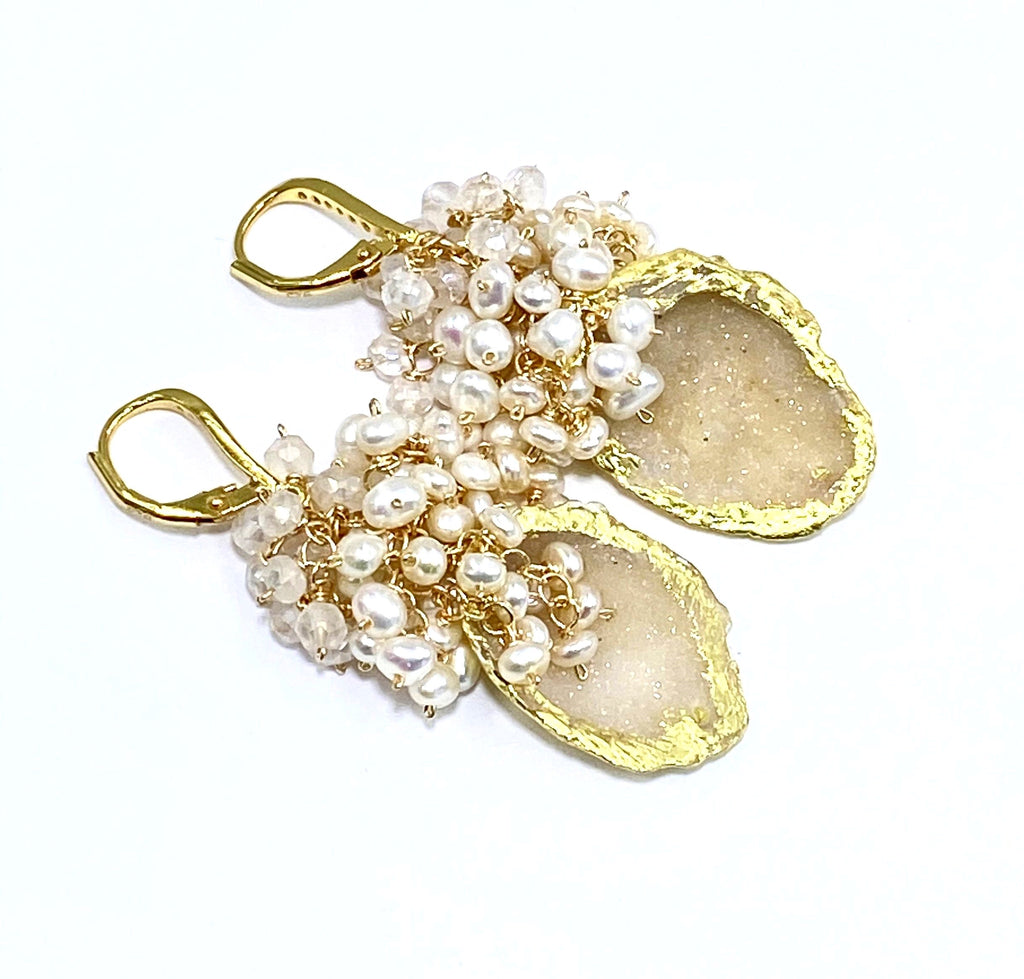 Ivory Beige Tabasco Geode Pearl Cluster 24 kt Gold Leaf Earrings