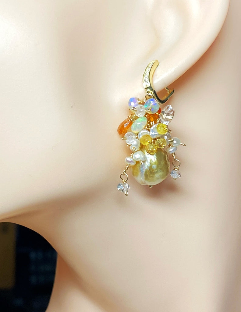 Pond-slime Baroque Pearl and Gemstone Cluster Earring