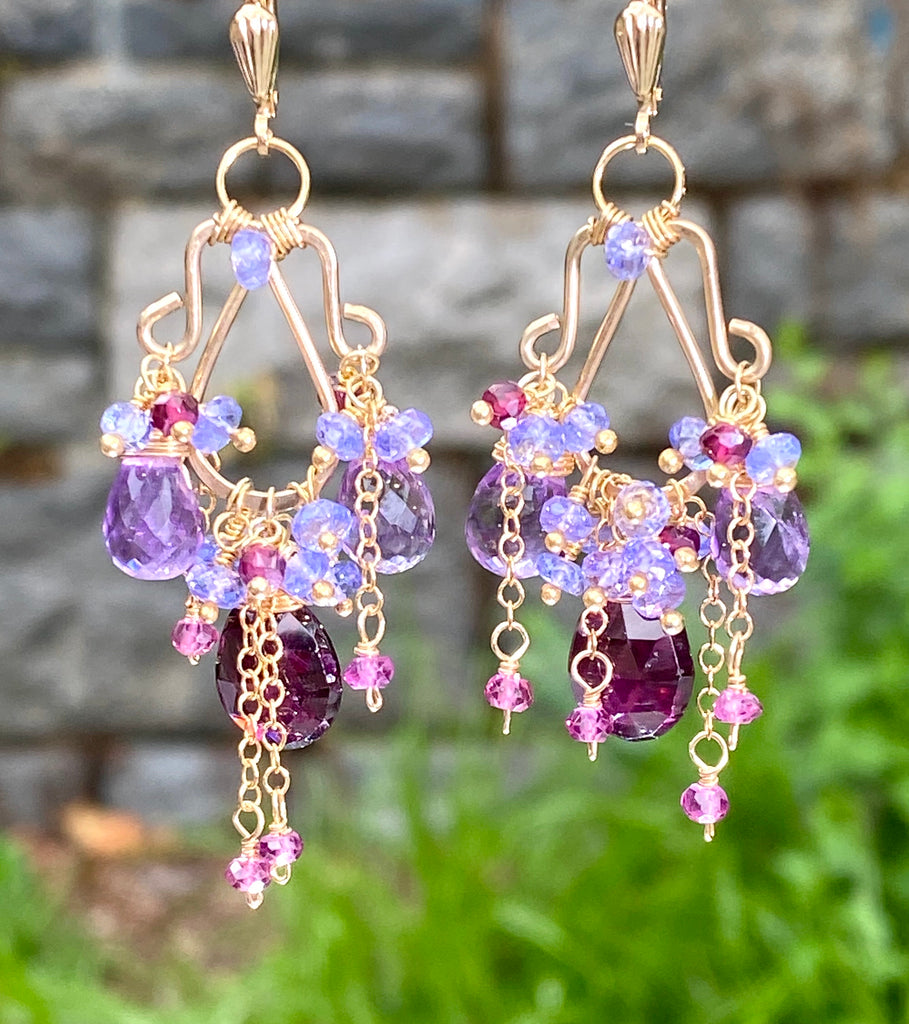 Garnet Amethyst Tanzanite Gold Multicolor Chandelier Earrings