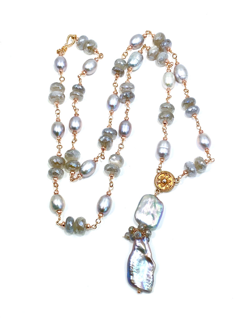 Rose Gold Silver Grey Pearl Moonstone Gemstone Long Necklace Sautoir - doolittlejewelry