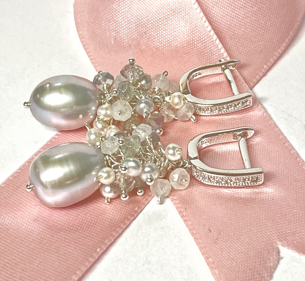 Gray Pearl Labradorite Cluster Earrings Sterling Silver