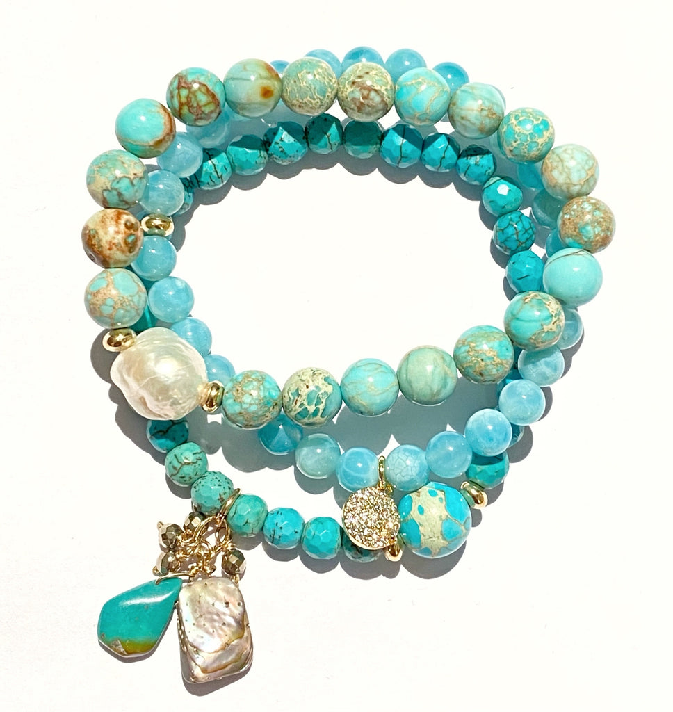 Turquoise, Imperial Jasper, Blue Chalcedony Stretch Stack Bracelet Set of 3