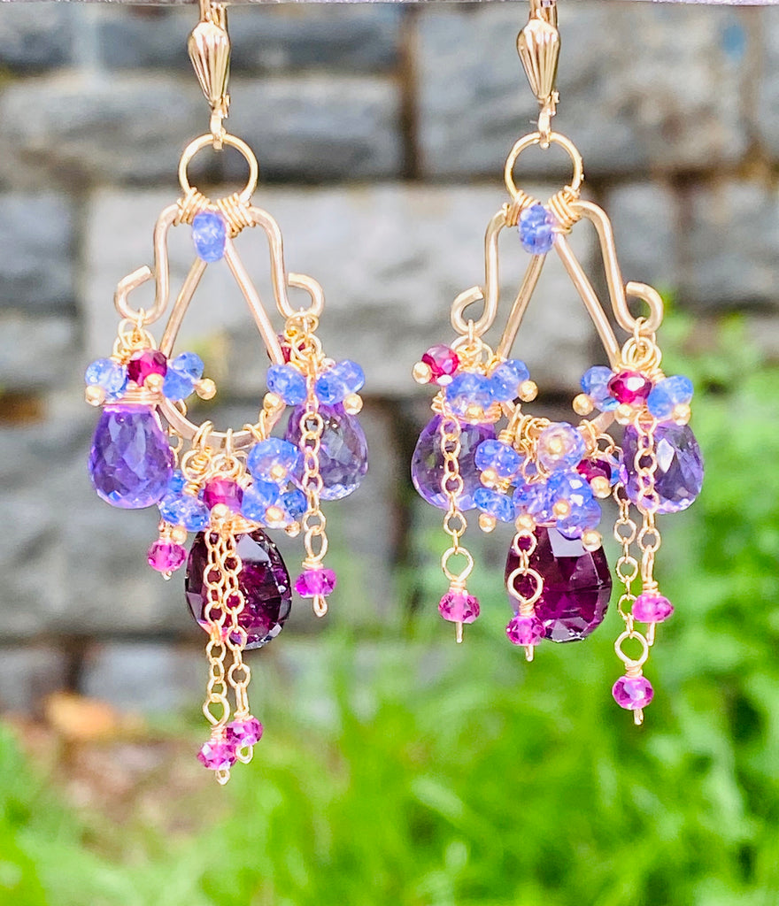 Garnet Amethyst Tanzanite Gold Multicolor Chandelier Earrings