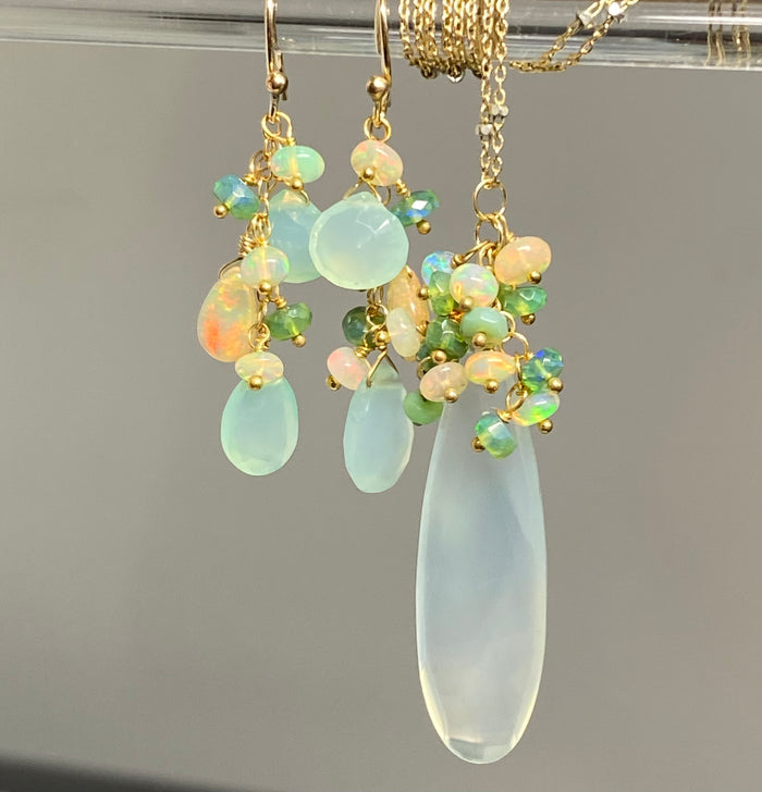 Aqua Chalcedony Opal Cluster Necklace Earring Set