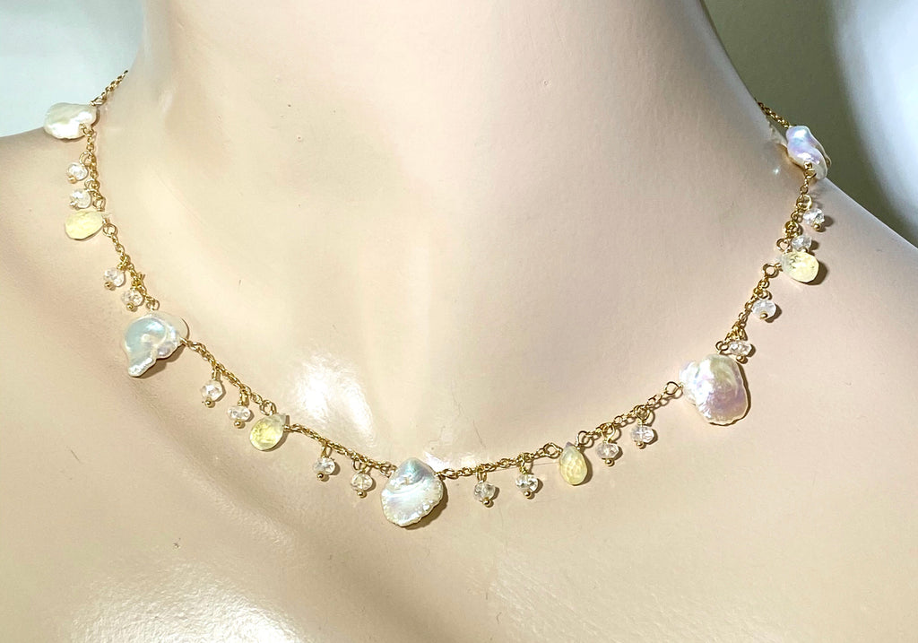 Keishi Pearl 24kt Gold Leaf Boho Dangle Necklace with Rainbow Moonstone - doolittlejewelry