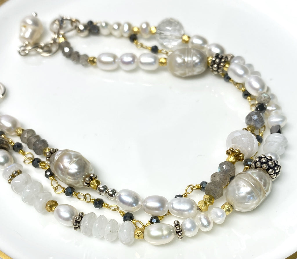 Pearl Triple Strand Dainty Bracelet Mixed Metal