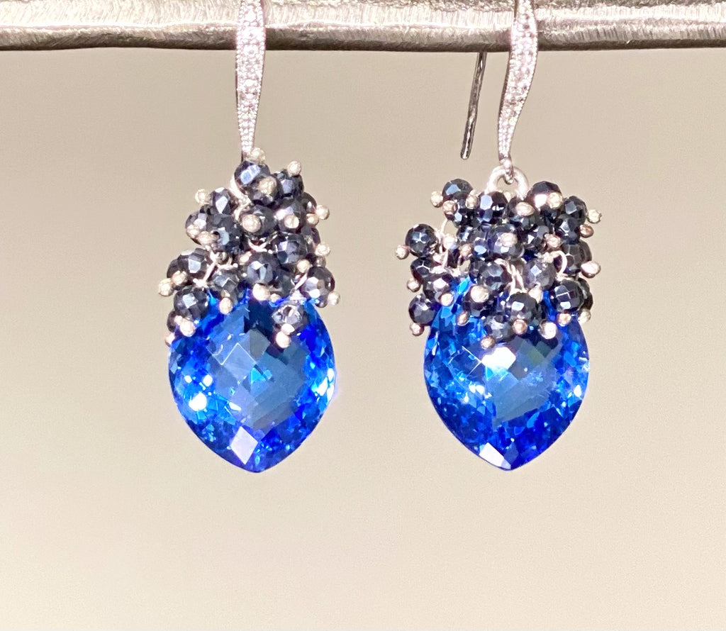 Blue Topaz and Black Spinel Cluster Earrings Sterling Silver - doolittlejewelry