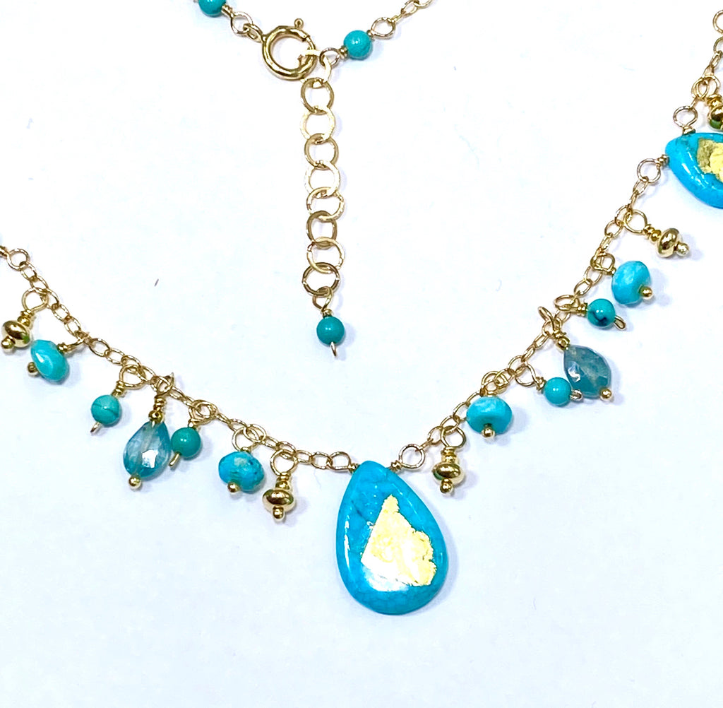 Kingman Turquoise Dangle Necklace Blue Zircon 24 kt Solid Gold Leaf - doolittlejewelry