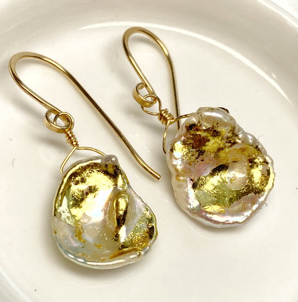 Keishi Pearl 24 kt Gold Leaf Dangle Earrings