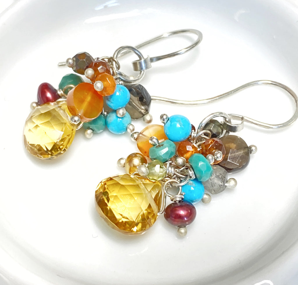 faceted citrine dangle earrings with clusters of colorful gemstones on sterling silver ball headpins