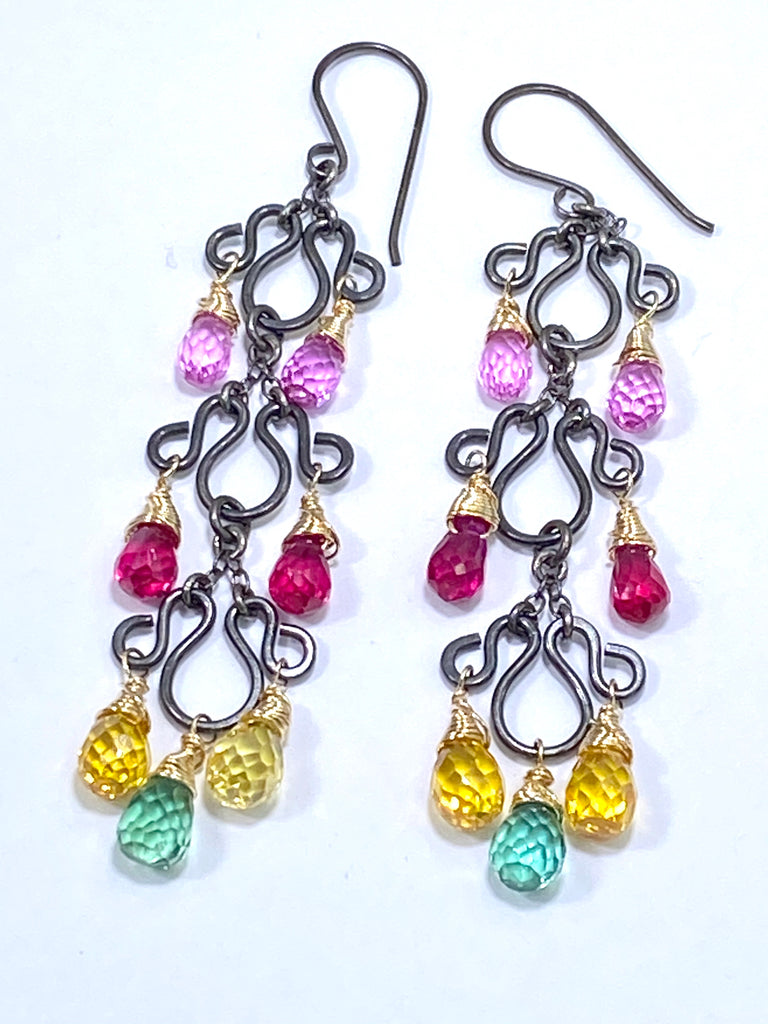 Multi-color Long Chandelier Earrings Oxidized Silver Colorful Corundum Quartz - doolittlejewelry