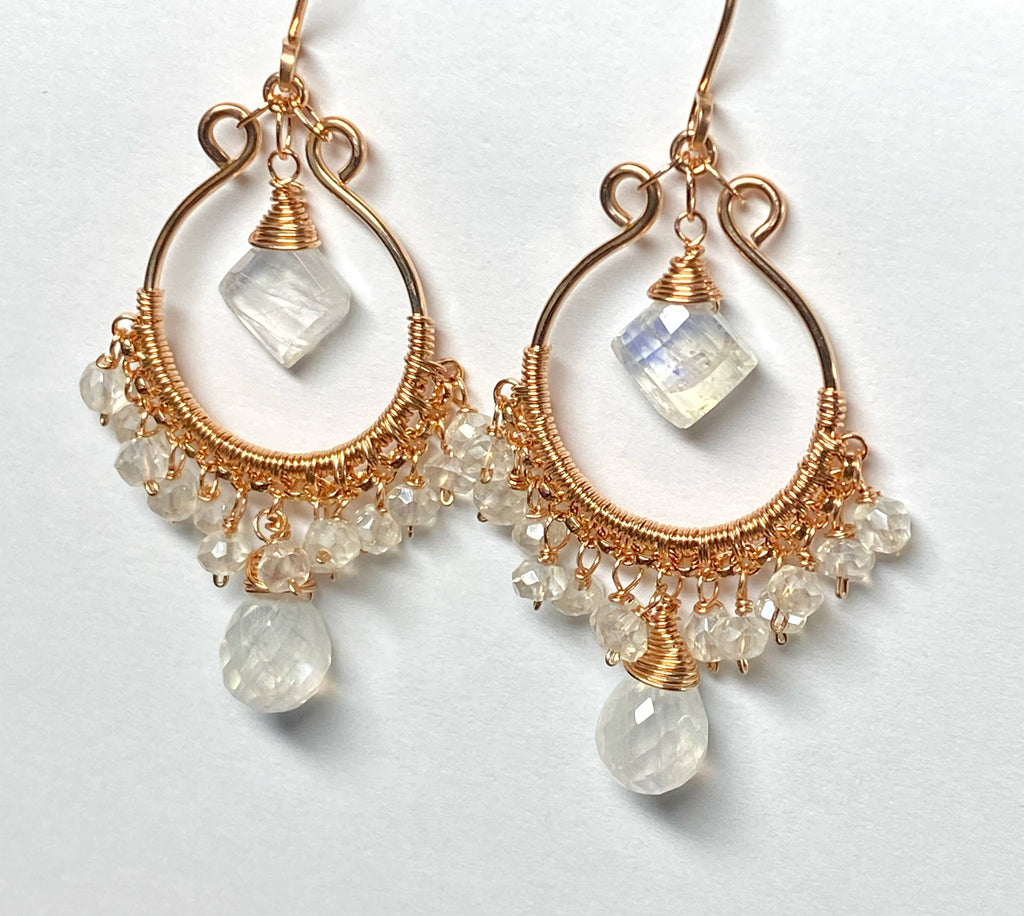 Rainbow Moonstone Rose Gold Hoop Chandelier Earrings