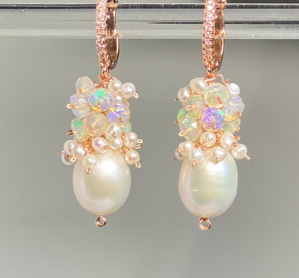 Pearl and Opal Cluster Earrings Rose Gold Fill