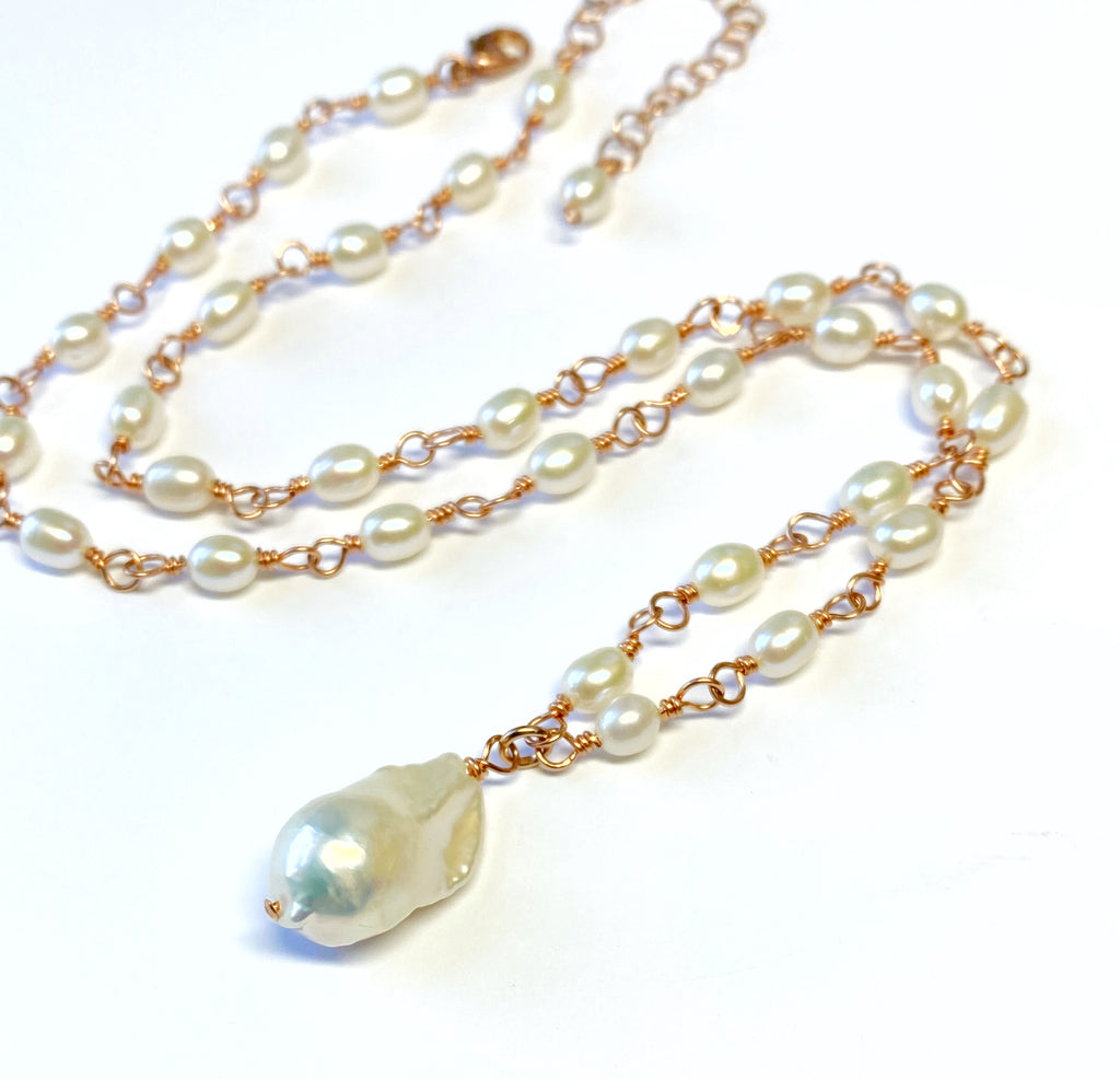 Dainty Baroque Pearl Necklace Wire Wrapped Rosary Style Rose Gold Fill