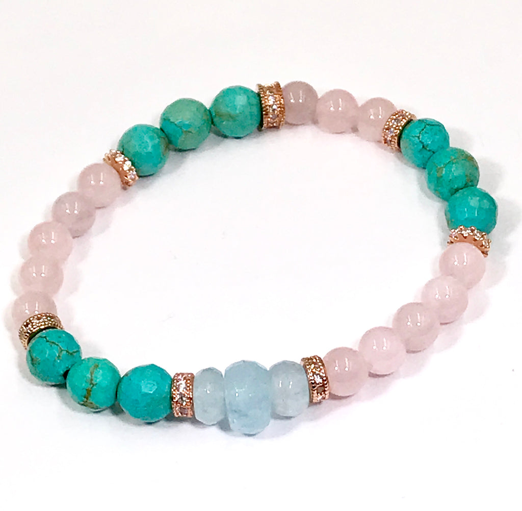 Turquoise Rose Quartz Aquamarine Stretch Bracelet Set of 3 Rose Gold - doolittlejewelry