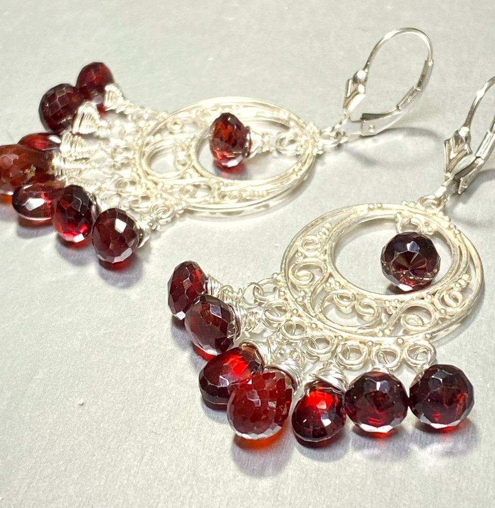 Garnet Chandelier Earrings Sterling Silver Garnet Hoops