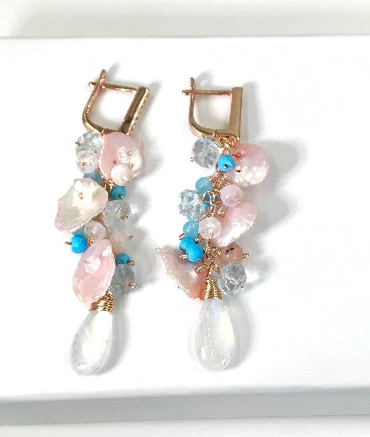 Moonstone and Blush Keishi Pearl Pastel Cascade Dangle Earrings