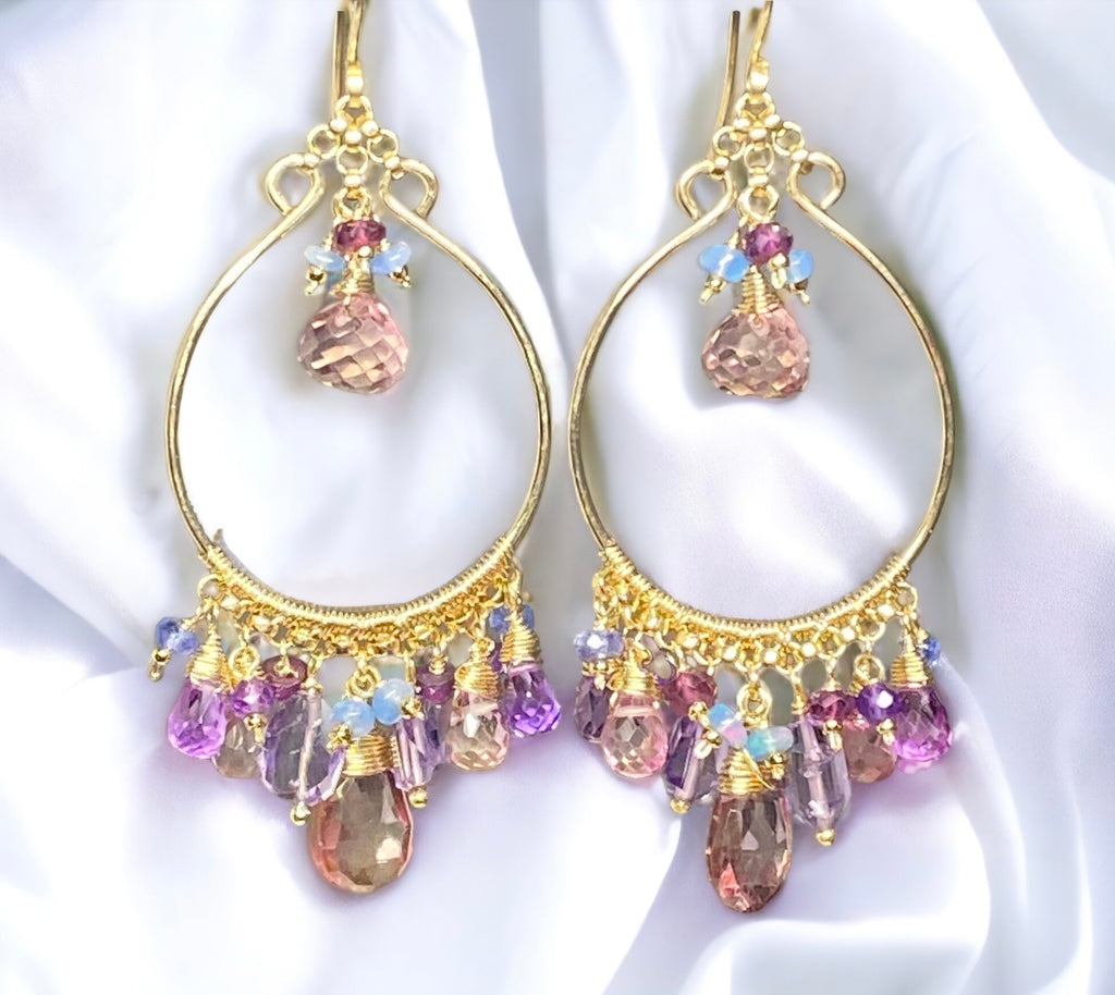 gold fill handmade chandelier earrings with gemstones in pinks, lavender, violets and opals