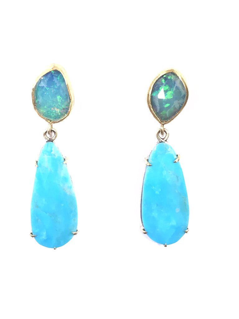 Opal and Sleeping Beauty Turquoise Dangle Earrings Gold Prong Set