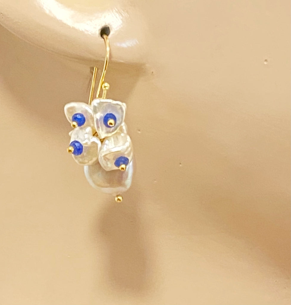 Coin Pearl Blue Lapis Keishi Pearl Cluster Earrings Gold