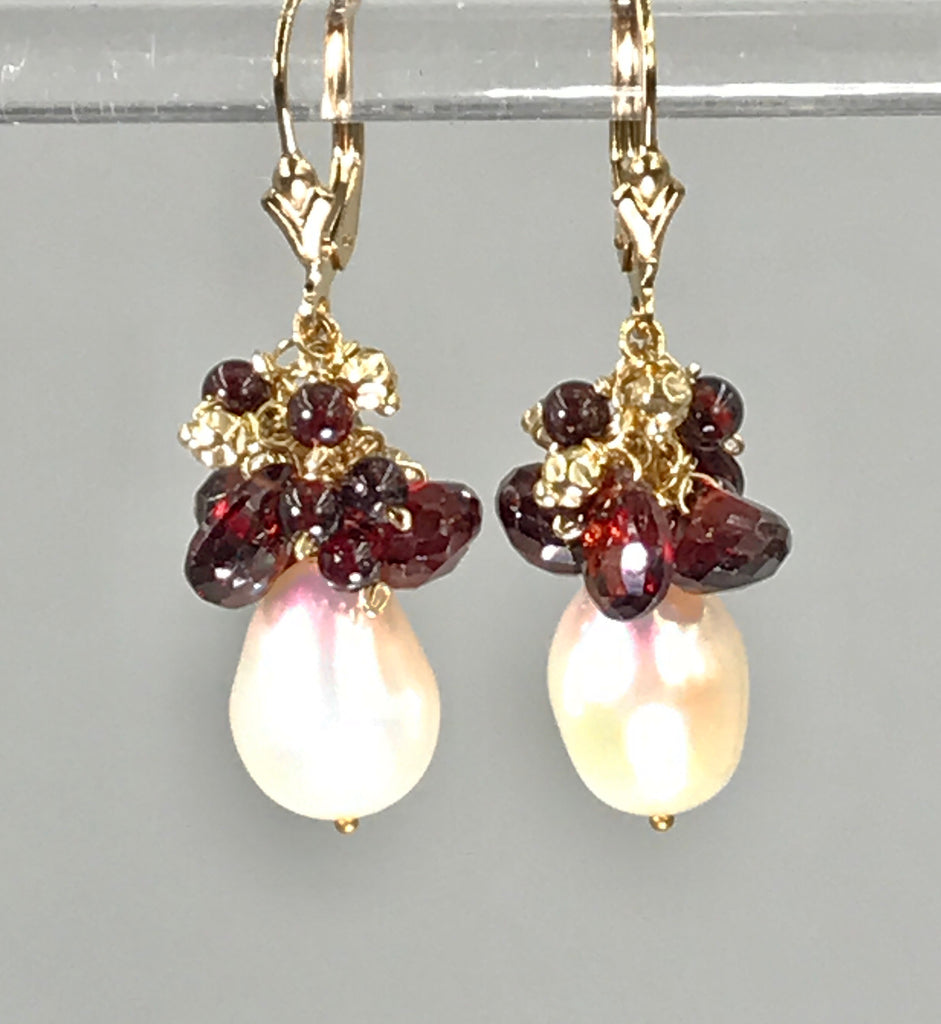 Ivory Pearl and Red Garnet Gemstone Cluster Earrings Gold Fill - doolittlejewelry