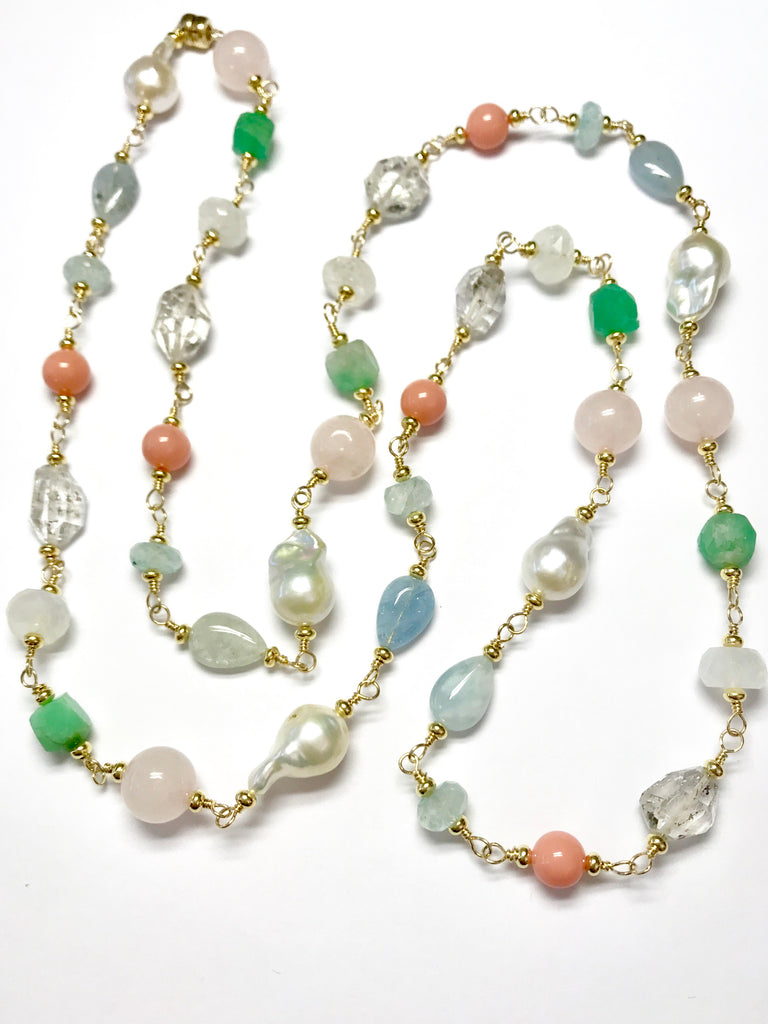 Multi Gemstone Pastel Long Necklace with Herkimer Diamond Aquamarine Gold - doolittlejewelry