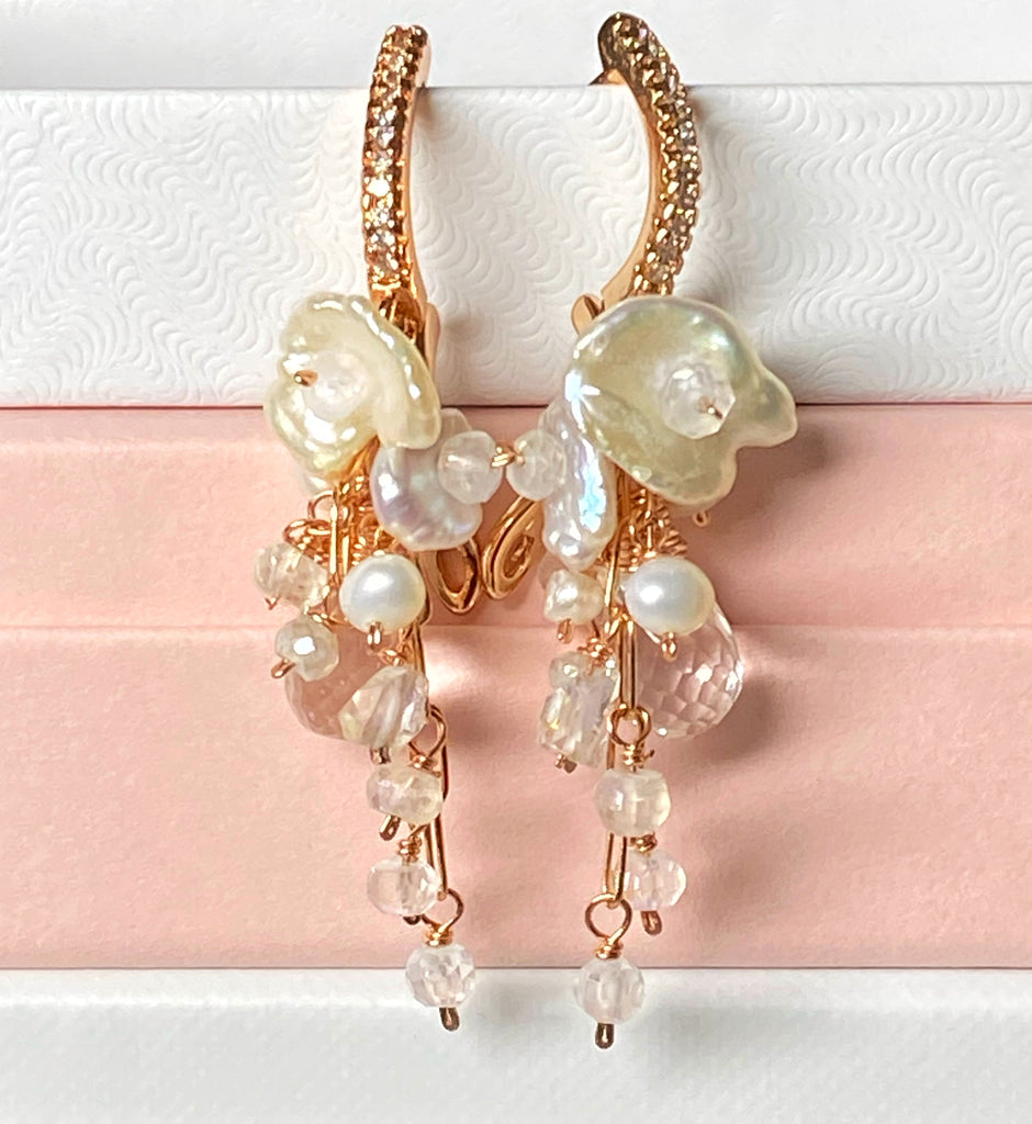 Rose Gold Crystal Quartz Bridal Dangle Earrings with Keishi Pearls