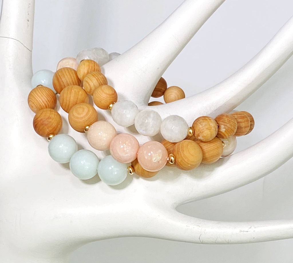 Pastel Gemstone Sandalwood Stretch Stacking Bracelet Set