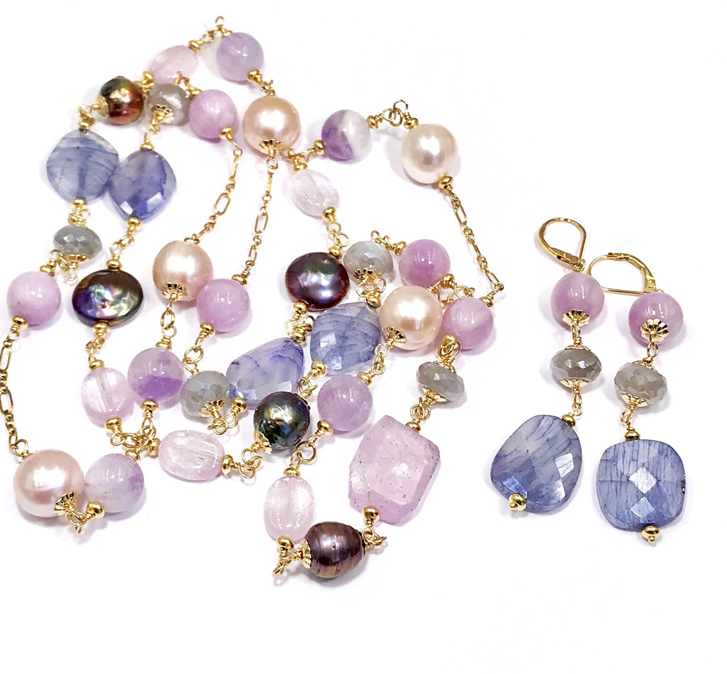 Long Multicolor Gem Stone Necklace Gold Kunzite, Blue Sapphire, Moonstone, Pearl