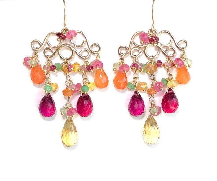 Gemstone Chandelier Gold Wire Wrap Earrings - doolittlejewelry