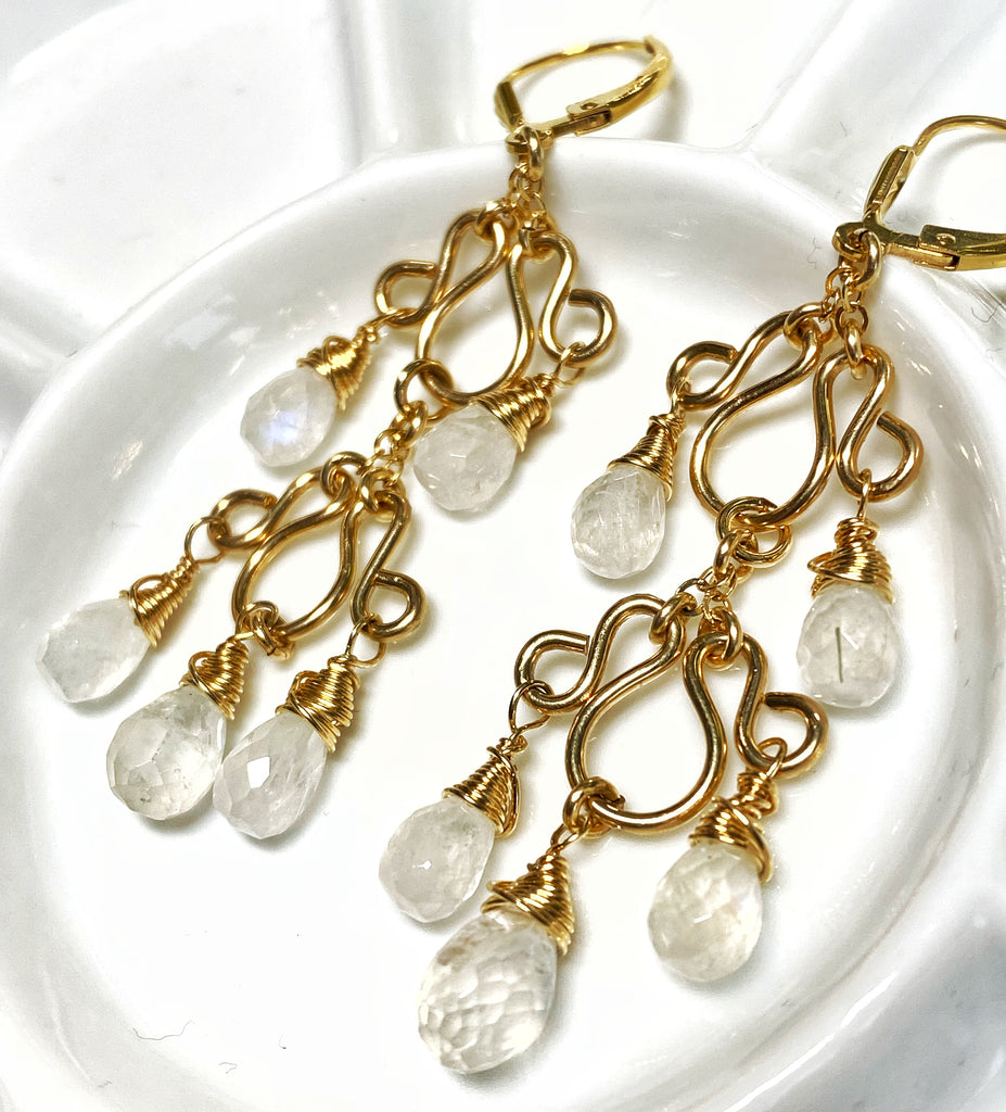 rainbow moonstone 14 kt gold filled chandelier lever back earrings by Doolittle Jewelry 