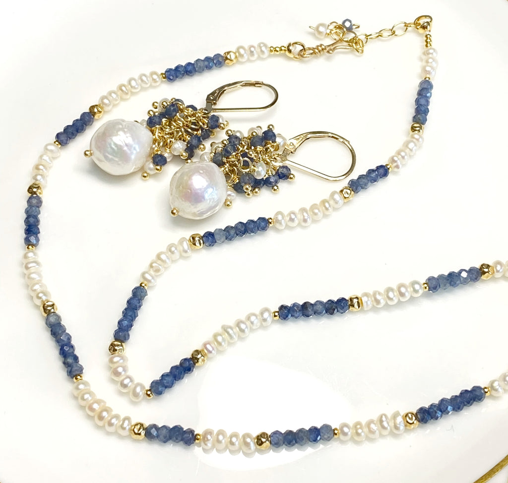 Blue Sapphire and Pearl Dainty Necklace
